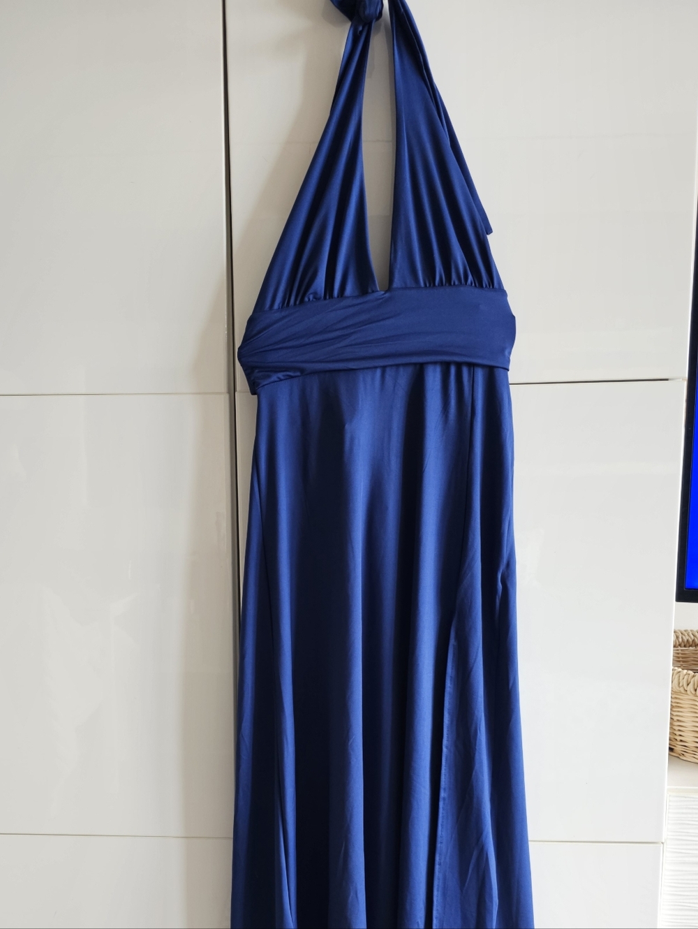 New Royal Blue Plunge Neck Halter Midi Dress with Low-Cut Sides and Side Slit - Picture 2 of 7